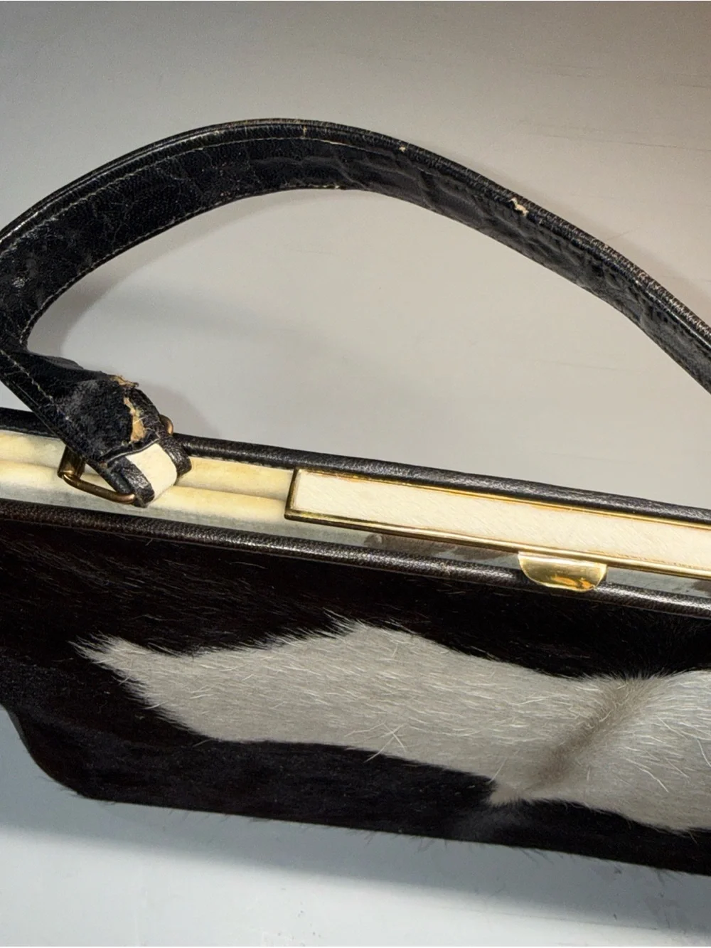 Black and White Cowhide Shoulder Bag with Top Handle
